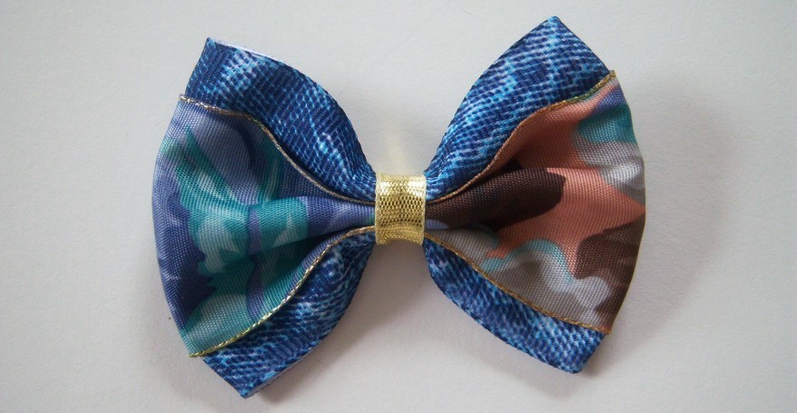 Blue/Print/Gold Band Grosgrain Bow